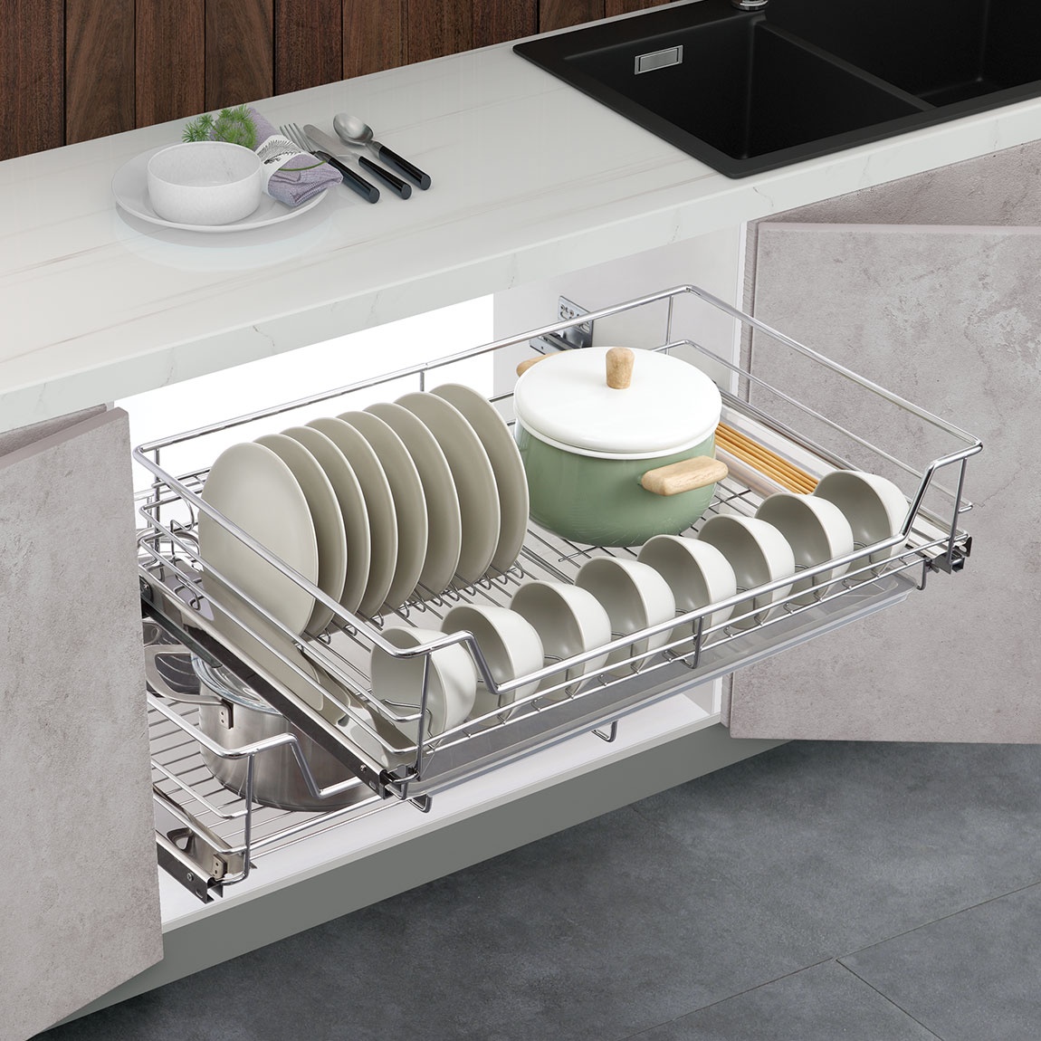 Soft Close Drawer Dish Storage Basket
